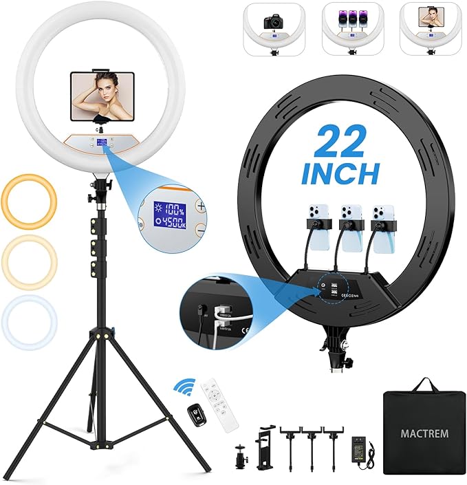 22'' Ring Light with 75'' Tripod Stand, LED Display/2 USB Ports/6500K Dimmable Ring Light for ipad Phone Holder for Tattoo Lash Live Makeup Video Recording TikTok Barber Stylist Photography