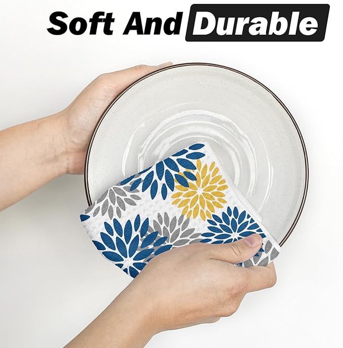 Artoid Mode Dark Blue Dahlia Floral Bar Kitchen Towels, 12x24 Inch Quick Dry Microfiber Cloth Dish Towels for Kitchen Drying Set of 2