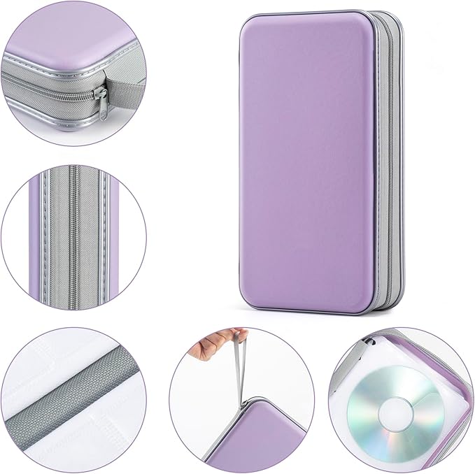 UENTIP 96 Capacity CD Case,Portable DVD Hard Plastic Case Holder CD Organizer Wallet Protective DVD Storage (lavender, 96)