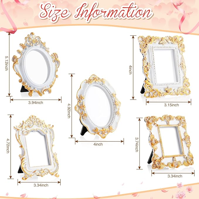 Maitys 5 Pcs Mini Picture Vintage Frames with Stands Tiny Antique Photo Baroque Ornate Resin Oval Frame Table Top Display Home Wedding Decor (White Gold)