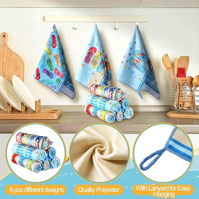 Preboun 6 Pcs Flip Flops Decorative Kitchen Towels Summer Dish Hand Towels Funny Flip Flops Themed Dish Cloth House Decorative Farmhouse Tea Cloth Absorbent for Home Bathroom Kitchen Decor