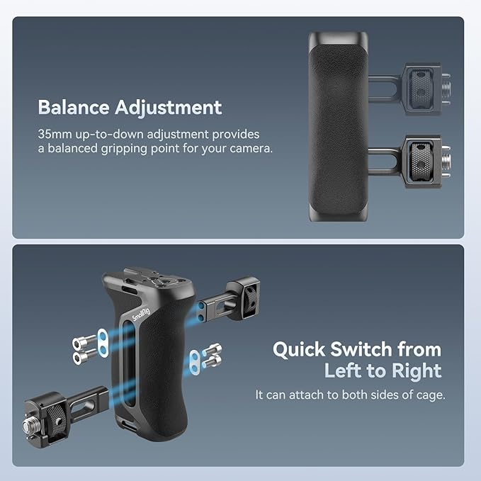 SmallRig Side Handle with (1/4" & 3/8") Two-in-One Locating Screw, Stretchable Mounting Point, Ergonomic Handgrip with 36mm Up/Down Adjustable, Left/Right Hand Universal