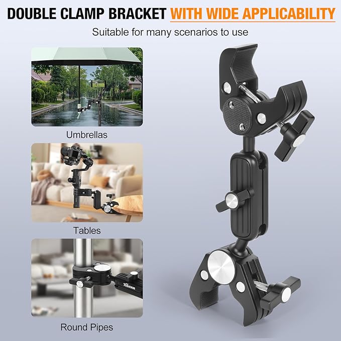 Super Clamp Double Camera Mount with 1/4 Inch Screw Adapter Clip Bracket Magic Arm Dual Ball Head for Motorcycle Chair Pole Tripod Light Stand Photo Boom Stand Cross Bars