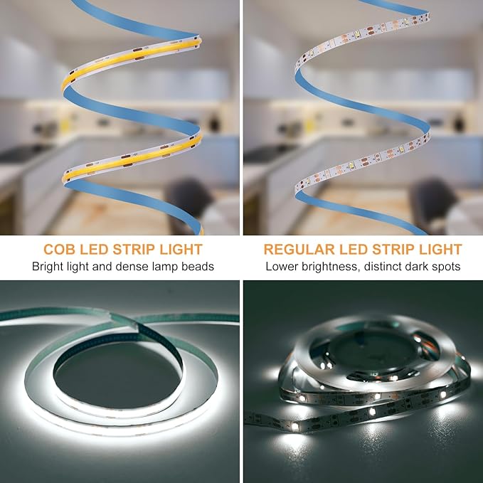 Battery Operated Light Strip, 6.56FT 640LED 6000K Cool White USB COB LED Strip Flexible Cuttable Dimmable Timer LED Light with Remote Control for Kitchen, Closet, DIY Backlight, Camping Gear (2 Pack)