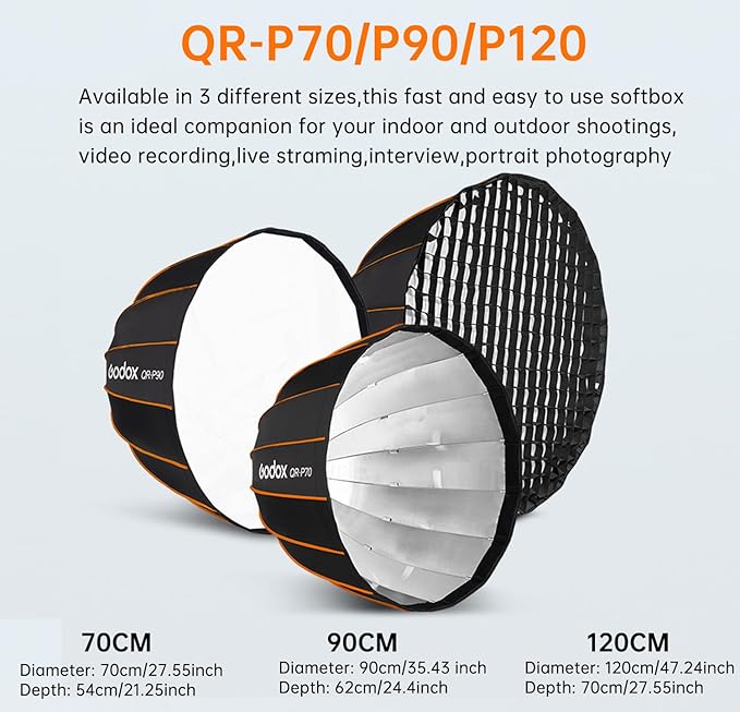 Godox Parabolic Softbox Quick Release,QR-P70 27.5”/70cm Portable Bowens Mount Sof tbox with Honeycomb Grid,Carry Bag,Front/Inner Diffuser for Professional Photography Studio Portrait Video Shooting