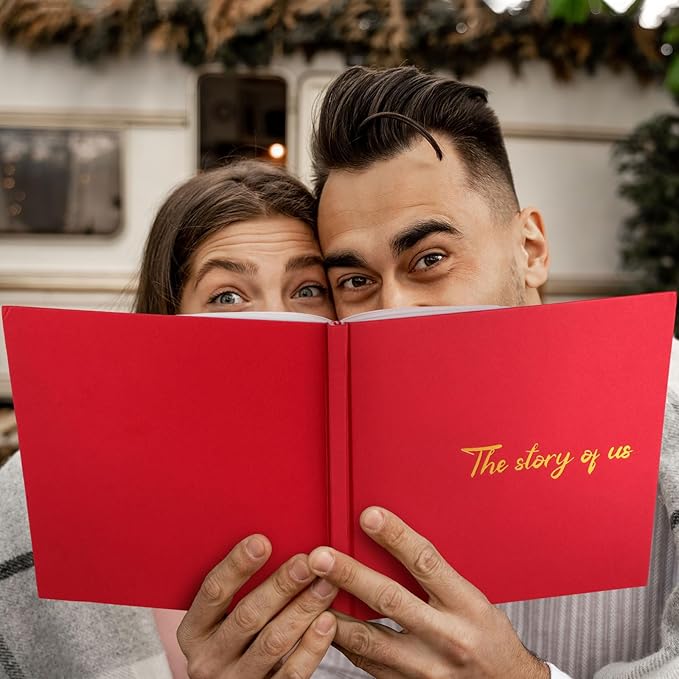 Colarr Hardcover Couples Scrapbook 144 Pages 8.7 x 8.7" Couples Photo Album Scrapbook Journal for 1 Year Wedding Memory Anniversary Photo Book Gift with 2 Markers(Red)