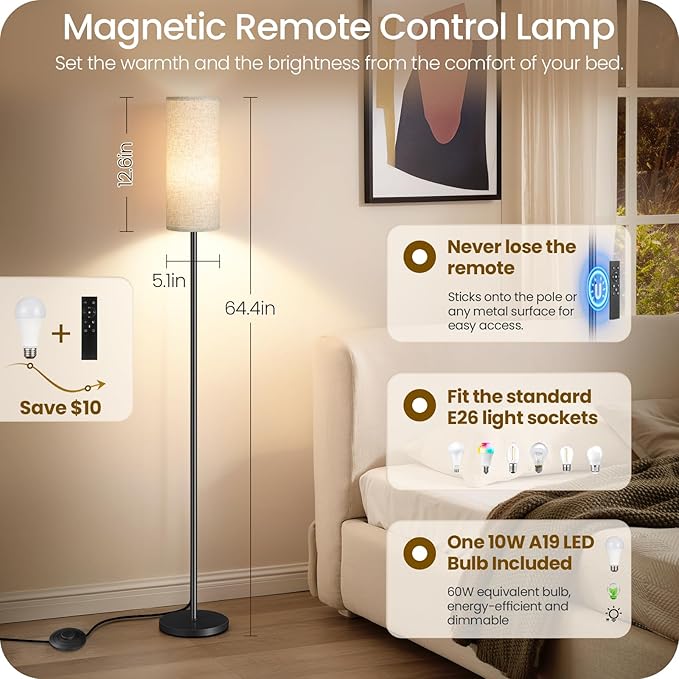 Set of 2 Dimmable Floor Lamps for Living Room with 2 Remotes and Foot Switch, 64.4”Modern Standing Tall Lamp, Corner Lamp for Bedroom, Bulb Included, 3000K-6500K, Beige Shade E06LDP205W1