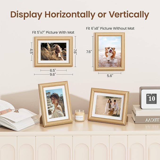 Vivelove 6x8 Picture Frame, Solid Oak Wood 6x8 Frame Display 5x7 with Mat or 6 x 8 Without Mat, 6 by 8 Photo Frame for Wall & Tabletop Display, Natural Oak Color, 1 Pack