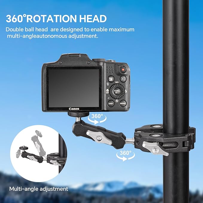 Super Clamp Camera Clamp Mount Monitor 360°Ballhead Magic Arm Double Ball Head Adapter with 1/4"-20 & 3/8"-16 Thread for Canon Nikon DSLR Camera/Gopro/LED Light Ronin-M/Ronin MX/FreeflyMOVI