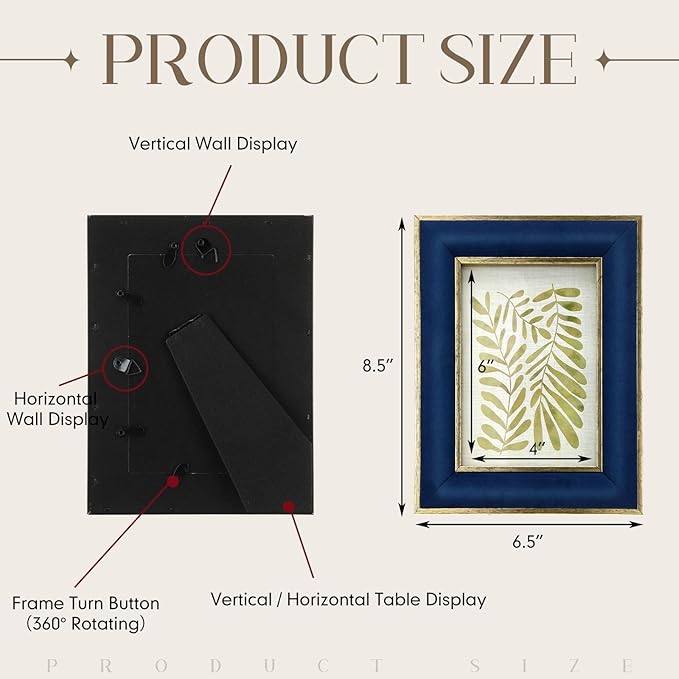 Kathfly 2 Pcs Navy Blue Velvet Picture Frame 4 x 6 Inch Vintage Photo Frame with Gold Metal Edge Horizontal & Vertical Mount for Poster Artwork Puzzle Tabletop Wall Display Christmas Home Office Decor