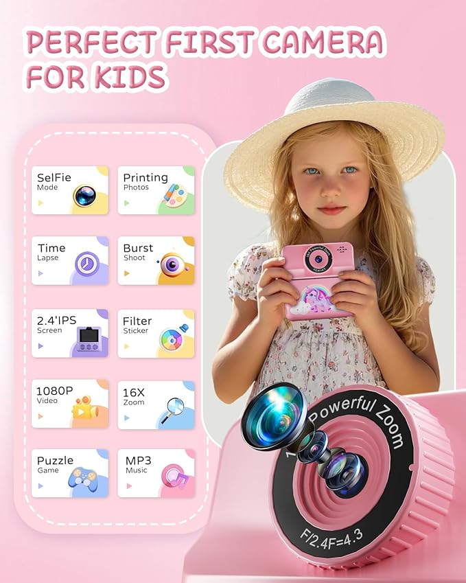 Instant Print Camera for Kids, Digital Selfie Cameras with Carry Case & 5-Color Paper, Portable Toddler Toy Christmas Birthday Gifts for 3 4 5 6 7 8 9 10 11 12 Year Old Girls - Pink