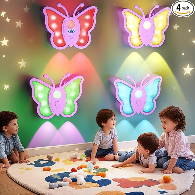 LOFTEK Rechargeable Motion Sensor Light, RGB Color Change& Dimmable Night Light, Cute Butterfly Light for Kid's Bedroom, Bathroom, Hallway, Tent & Stairs - Ideal Home Decor & Gift, Purple of 4