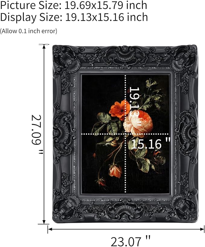 16x20 Black Frame,Gothic Ornate Large Picture Frame for Vintage Wall Hanging,Home Decor,Photo Display,Art