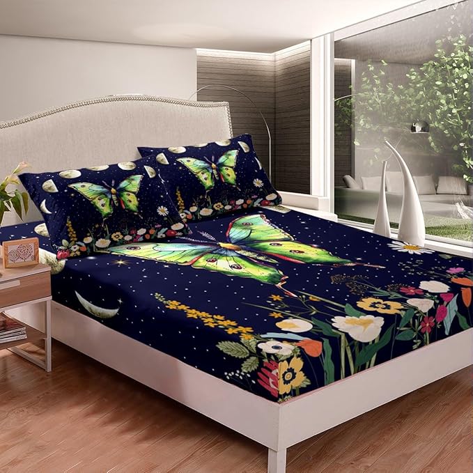 Erosebridal Death Moth Flat Sheet,Queen for Women Men Boys Gothic Decor Sheet Sets,Kids Girls Moth Skull Fitted Sheet Spring Summer Floral Botancial Moon Print Bedding,Exotic Animal Moths Bed Sheet