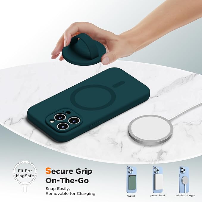 Upgraded Magnetic Phone Grip, Liquid Silicone Soft and Portable, Removable Finger Loop Ring Grip Holder for iPhone, Strong Magnetic Attraction, Compatible with MagSafe Phone Case, Dark Green