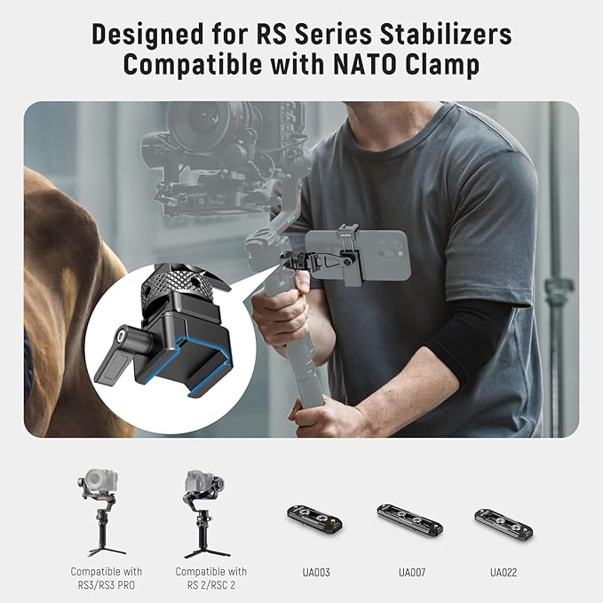 NEEWER Metal Phone Tripod Mount with Cold Shoe NATO Clamp Compatible with DJI RS5 RS4 RS3 Pro RS2 RSC2 Gimbal Stabilizer, 180° Tilt Phone Clip Holder Compatible with iPhone 15 Pro Camera Cage, GA010