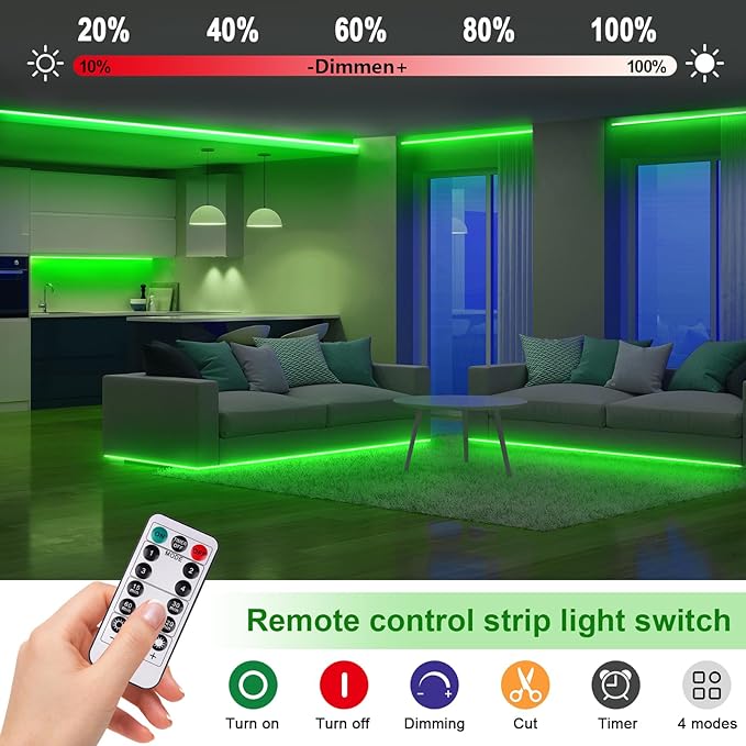 Green COB LED Strip Lights Battery Powered with Remote, 6.56FT 640LED Light Strip Dimmable Cuttable Flexible Wireless LED Tape Light for Cabinet, Boat, Car, Computer, TV backlighting, Holidays Party