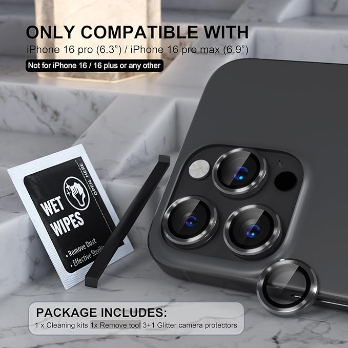 Choiche Compatible for iPhone 16 Pro/iPhone 16 Pro Max Camera Lens Protector, 9H Tempered Glass Camera Cover Screen Protector Metal Ring Decoration Accessories (Black)