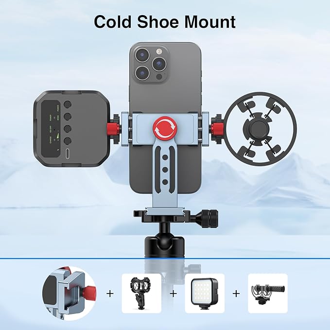 Phone Tripod Mount Aluminum Alloy, 360° Rotatable Phone Stand Holder Clamp with Cold Shoe and Arca Base Compatible with iPhone 15 Pro Max Galaxy S24 Ultra Pixel & 2.5"-4" Wide Smartphones