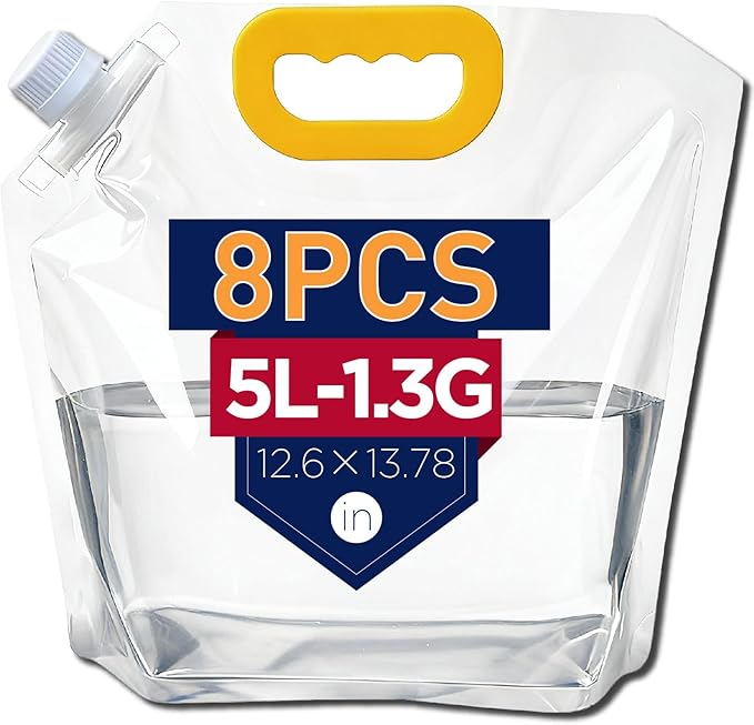 Collapsible Water Container Bag 8Pcs 1.3 Gallon, Freezable Plastic Foldable water Pouch Bag with Handles,Leak-Proof Plastic Storage Jug for Outdoor Sport Camping Emergency Survival