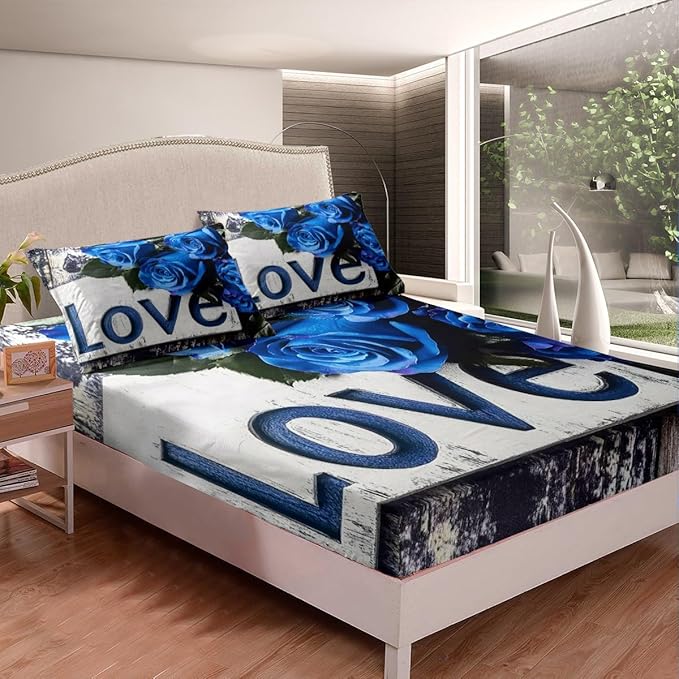 Erosebridal Blue Rose Flat Sheet Set - Twin Size, 3 Pcs Romantic Bedding with Rose Love Print Fitted Sheet in Grey