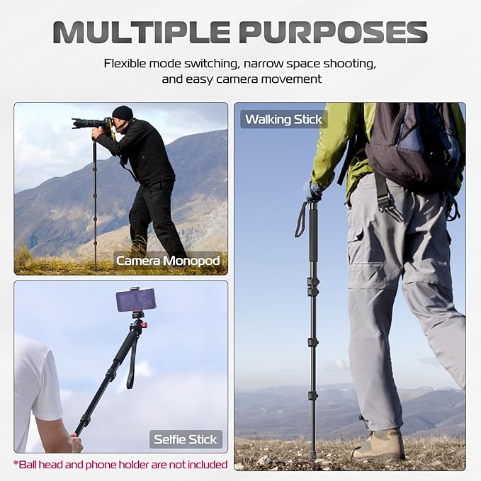 ULANZI TB12 61-Inch Camera Monopod - Portable Tripod & Monopod Photography Stick with 5-Section Height, Aluminum Compact Travel Camera Stick for Canon, Nikon, Sony Mirrorless, DSLR, Easy to Carry