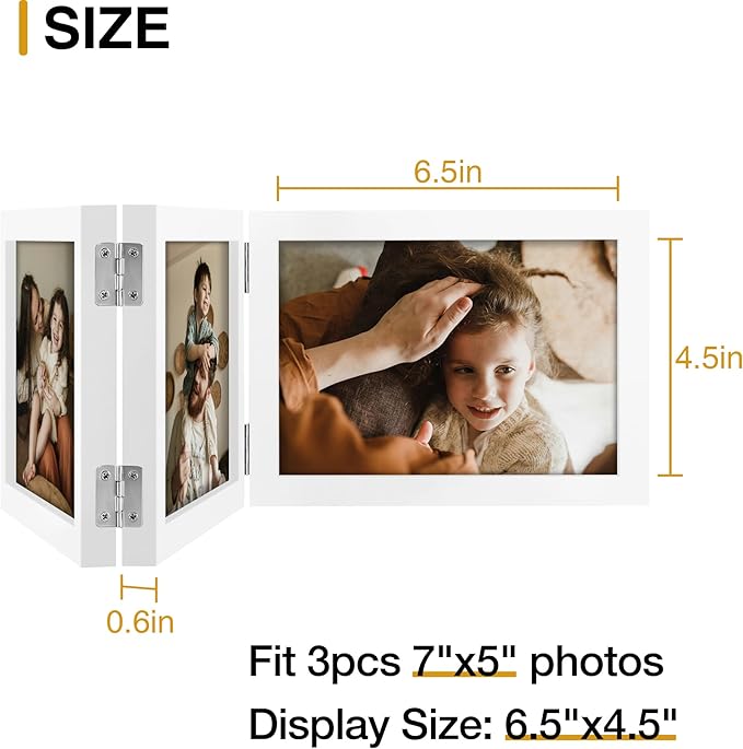 decorUhome Triple 7x5 Picture Frame Horizontal, Engineered Wood Trifold Photo Frame with Plexiglass for Tabletop Display, 7x5, White