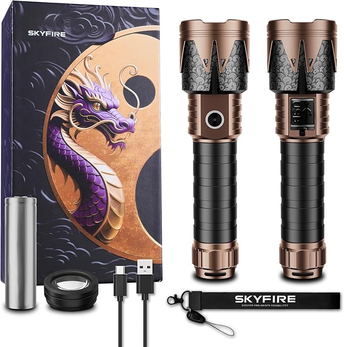 SKYFIRE Rechargeable Flashlights High Lumens 2 Pack with Ignition Lens,8000mAh Mini Bright Tactical Torch with 6 Modes Waterproof Zoomable LED Flash Light for Camping Essentials Outdoor Home Emergency
