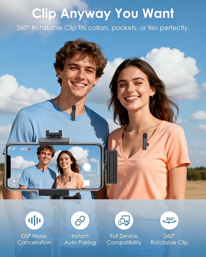 Wireless Mini Microphone for iPhone, iPad, Android Phone, 2 Pack Lavalier Mic with 360° Rotatable Clip, Plug and Play Noise Reduction USB-C Lapel Mic for Video Recording YouTube Content Creators