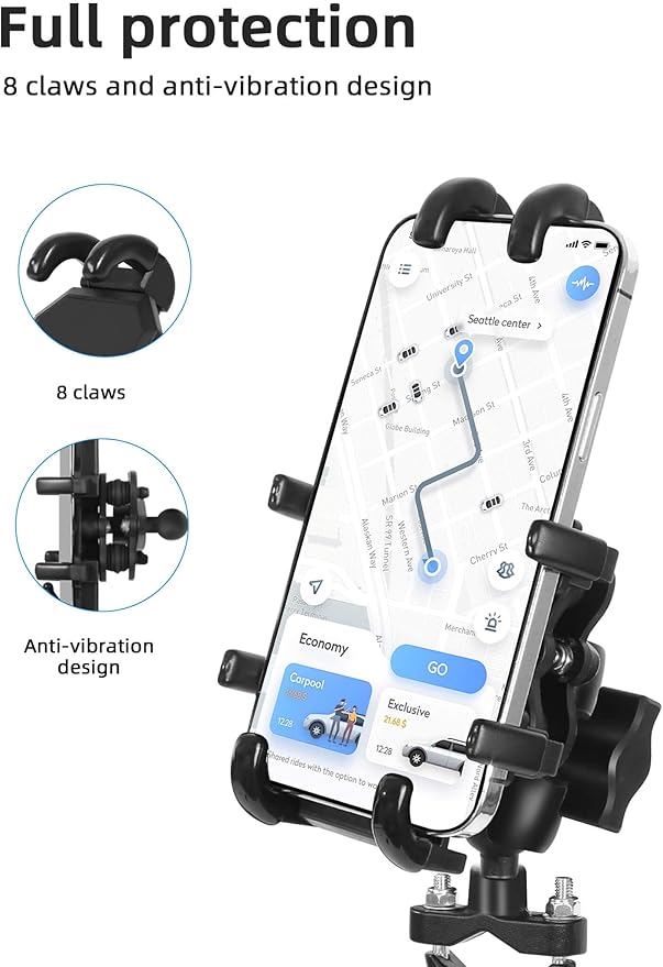 Motorcycle Phone Mount with Vibration Dampener, One-Hand Operation Bike Phone Holder Holds 4.7"-7.1" Cell Phones on Handlebar, ATV Cell Phone Holder for Bike Motorcycle Scooter ATV