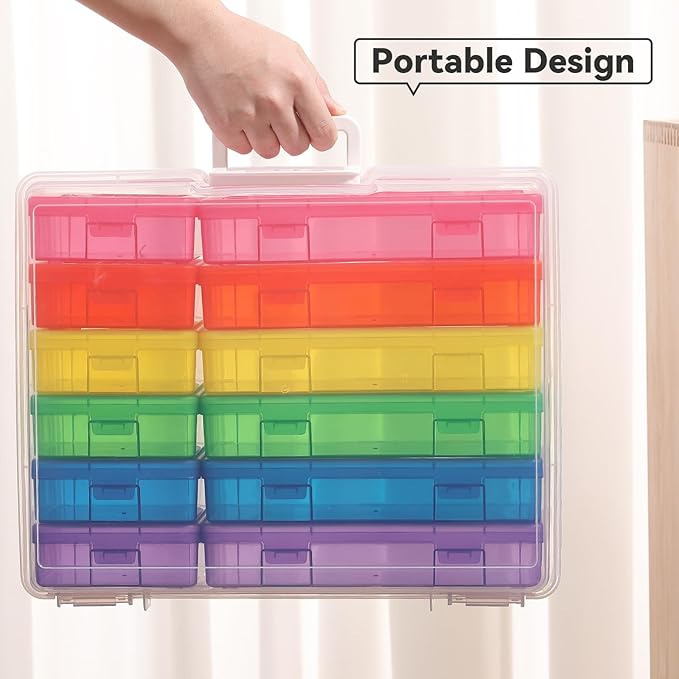 novelinks Stackable Clear Plastic Storage Boxes with Latching Lids – 12 Pack (6 Medium + 6 Small) Art Supply Organizers for Crayons, Pencils, Beads, Jewelry & Crafts (Colorful)
