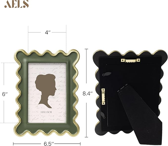 AELS 4x6 Inch Vintage Scalloped Picture Frame, Mid Century Modern Antique Photo Frames with Glass Front, Photo Display, Tabletop Wall Hanging, Gift Ideas, Green