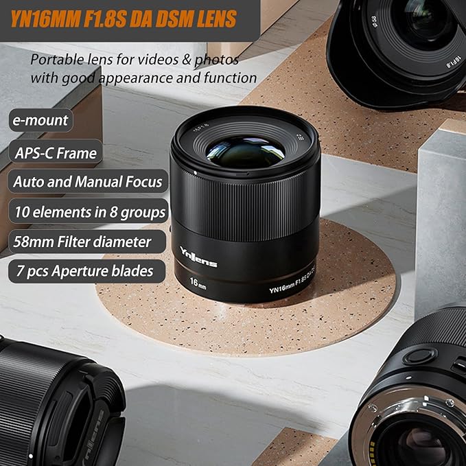 YONGNUO E Mount Lens, APS-C Frame Lenses for Sony E Mount, STM Auto Focus Prime Lens,35mm-50mm f/1.8 Lens for Sony ZV-E1, A1, A7RV, A7RIV, A7RIII, A7RII, A7R, A7IV, A7III, A7SIII, A7II (16mm F1.8)