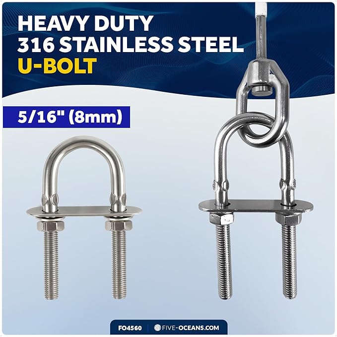 Five Oceans 12-Inch Anchor Safety Straps, Heavy Duty 7x19 PVC Coated Stainless Steel 6mm Wire Rope, Includes 5/16-Inch Carabiner Snap Hook and 5/16-Inch U-Bolt - FO4560