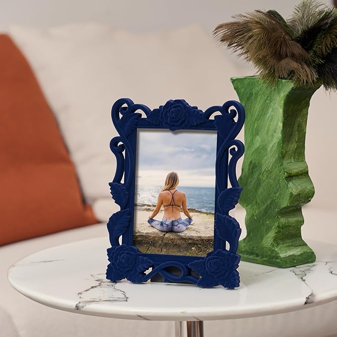 4x6 Blue Picture Frame with Stand for Tabletop Wall Display, Modern Ornate Frame for Art Prints Family Portrait Landscape Paintings Posters, Cute Room Decor for Living Room Bedroom (Dark Blue)