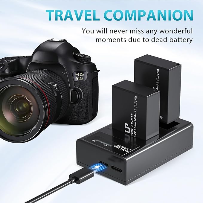 LP LP-E17 Battery Charger, LCD Display & USB-C Dual Slot Charger Compatible with Canon EOS Rebel T7i, T6i, T6s, SL3, SL2, 77D, 9000D, 8000D, 800D, 760D, 750D, 200D, M6, M5, M3, Kiss X8i DSLR Cameras