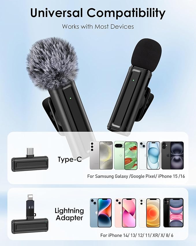 Wireless Mini Microphone for iPhone, iPad, Android Phone, 2 Pack Lavalier Mic with 360° Rotatable Clip, Plug and Play Noise Reduction USB-C Lapel Mic for Video Recording YouTube Content Creators