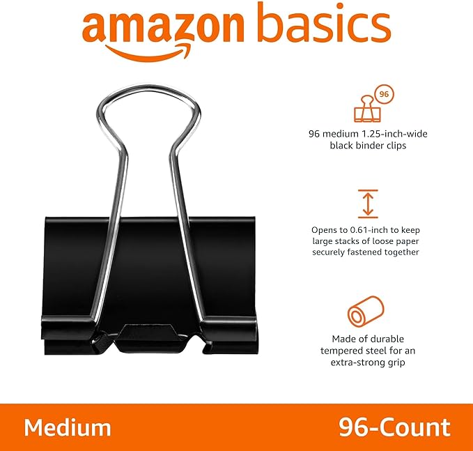 Amazon Basics Sturdy Binder Clips for Office Use, 96 Count (8 Pack of 12), Medium, 1.25 in, Black