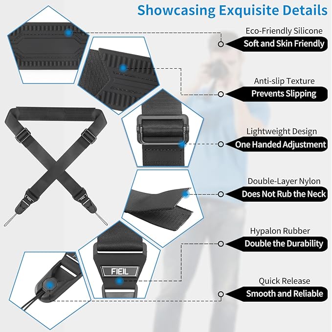 FIEIL Camera Strap with Quick Release Plate, Universal Camera Strap with Quick Release and Connection, Smooth and sturdy, Equipped with Comfortable Silicone Shoulder Pad, Strap Width 1.5''(3.8cm)