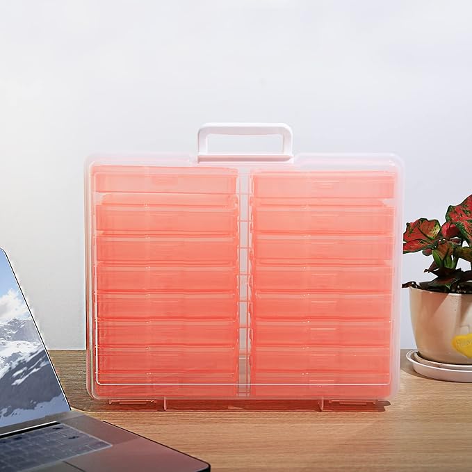 Naivees 4" x 6" Photo Storage Case with Handle, 16 Inner Photo Organizer Keeper, Extra Large Storage Picture Boxes, Seed Storage, Transparent Craft Keeper (Orange)