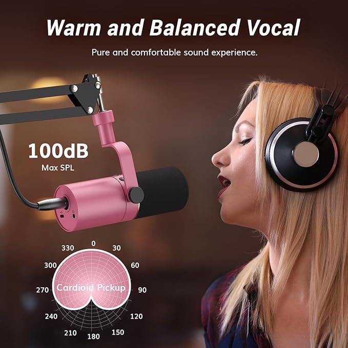 TONOR Dynamic Podcast Microphone, XLR/USB Mic for Recording, Streaming, XLR Cardioid Studio Mic with Quick Mute, 3.5mm Jack, Volume Control, 200 cm/78inch Cable, with Boom Arm, Pink, TD510+