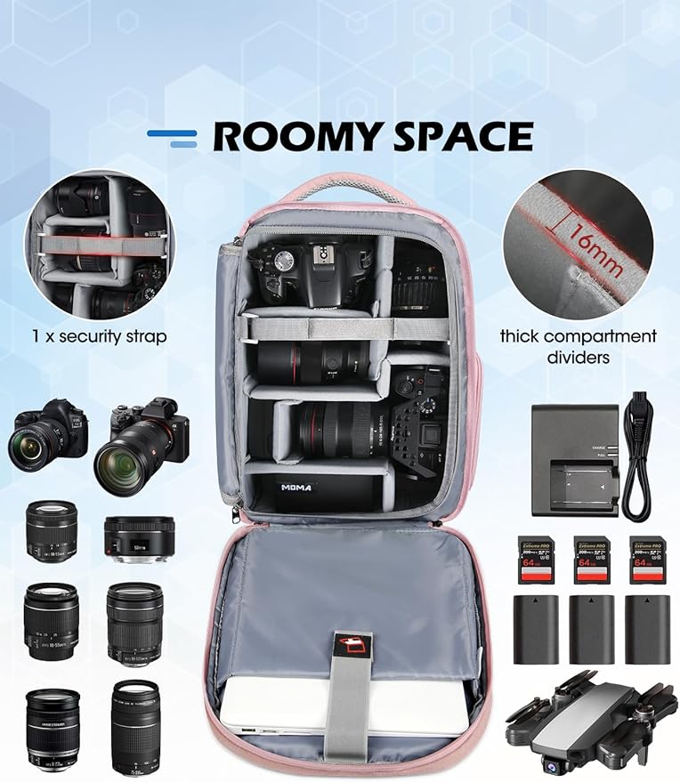 RAINSMORE Camera Bag Professional DSLR SLR Mirrorless Photography Camera Backpack 15.6 Inch Waterproof Camera Case With Tripod Holder&Laptop Compartment for Canon Nikon Sony Photographers Pink