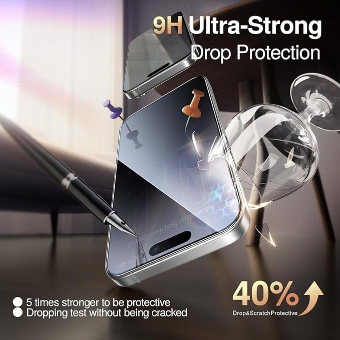 SMARTDEVIL 2 Pack Tempered Glass for iPhone 17 Privacy Screen Protector, Military-Grade Shatterproof Protection, 9H Hardness, Anti-Spy Privacy Film, Fast & Easy Installation, Case Friendly Design