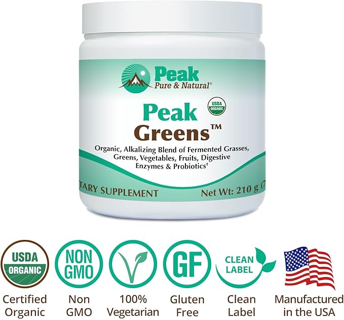 Peak Pure & Natural Peak Greens Support pH Balance and Alkalinity | Superfood Green Drink Powder | Blend of Fermented Grass, Vegetable, & Fruit | Digestive Enzyme & Probiotic Powder