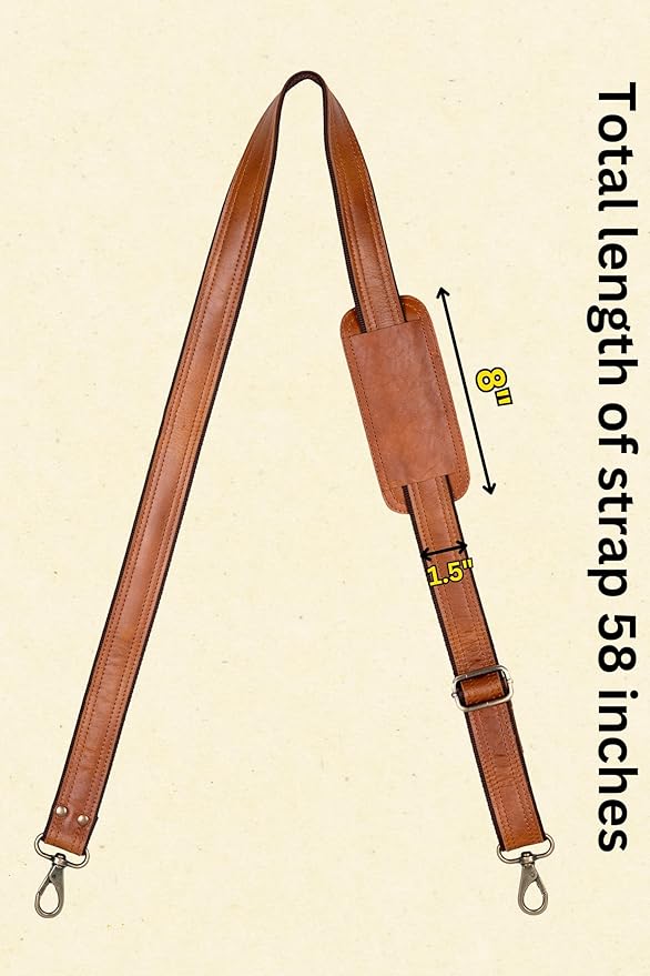 Bag Strap Replacement - Genuine Leather 57" Adjustable Shoulder Strap for Messenger, Laptop, Camera, Travel Bags