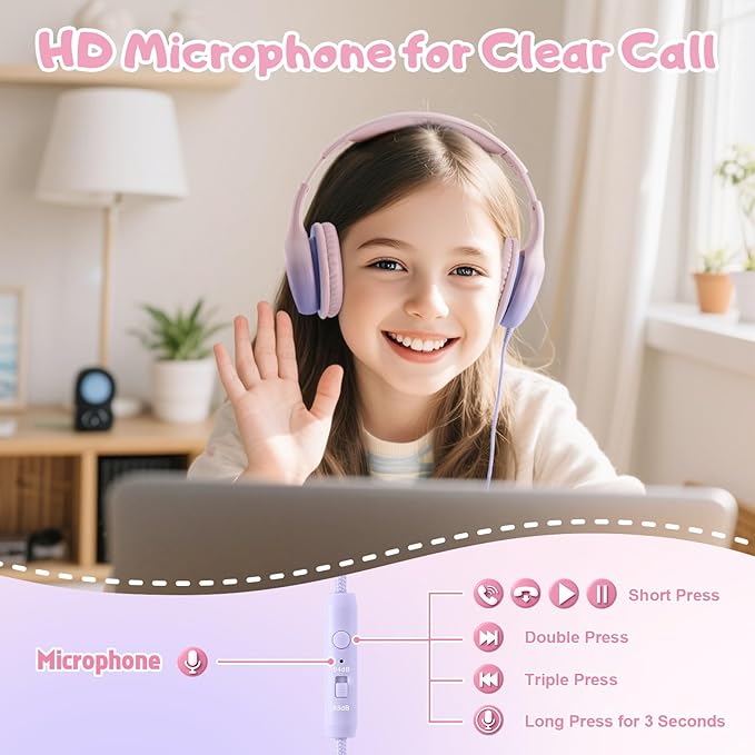 USB Type C Kids Headphones, Wired Headphones for Kids with Microphone 85/94dB Volume Limit, Stereo Sound Portable Over Ear Headphones for School/Travel/Tablet/iPad, Gradient Pink