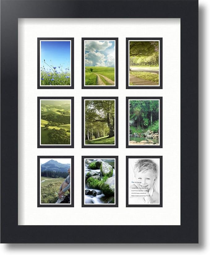 ArtToFrames Collage Photo Frame Double Mat with 9-2x3 Openings with Satin Black Frame and Fabric White mat.