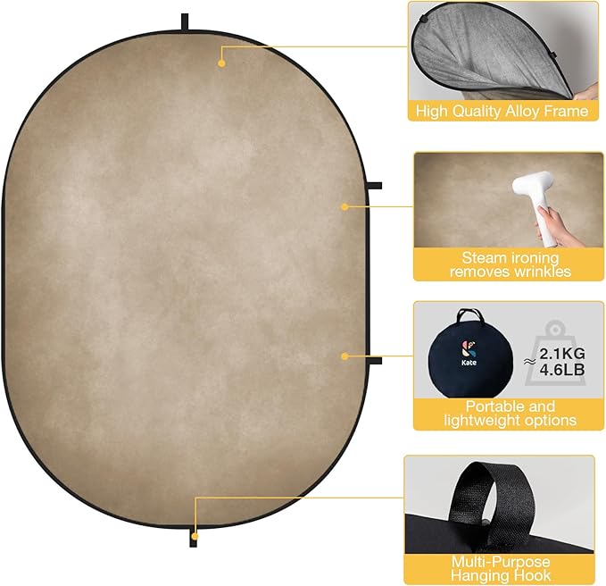 Kate Collapsible Backdrop Pop up Photo Backdrops Foldable Background Portable for Headshot,Portrait Photography,Video,5x6.5ft,Beige/Grey
