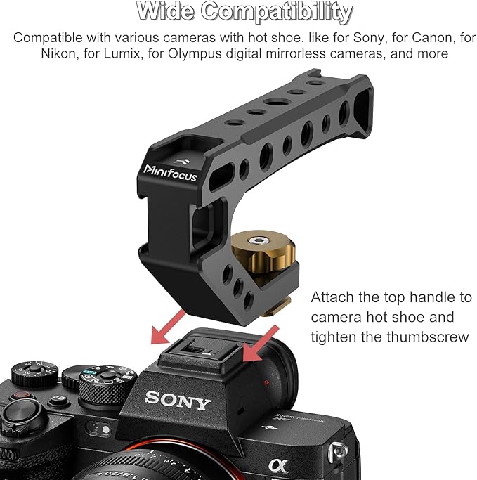 Top Handle with Cold Shoe Mount, Lightweight Handle Grip for Camera Cage, Universal Camera Top Handgrip with 4 Cold Shoe and 1/4" & 3/8" Holes for Camera Cage, Microphone, LED Light, Monitor