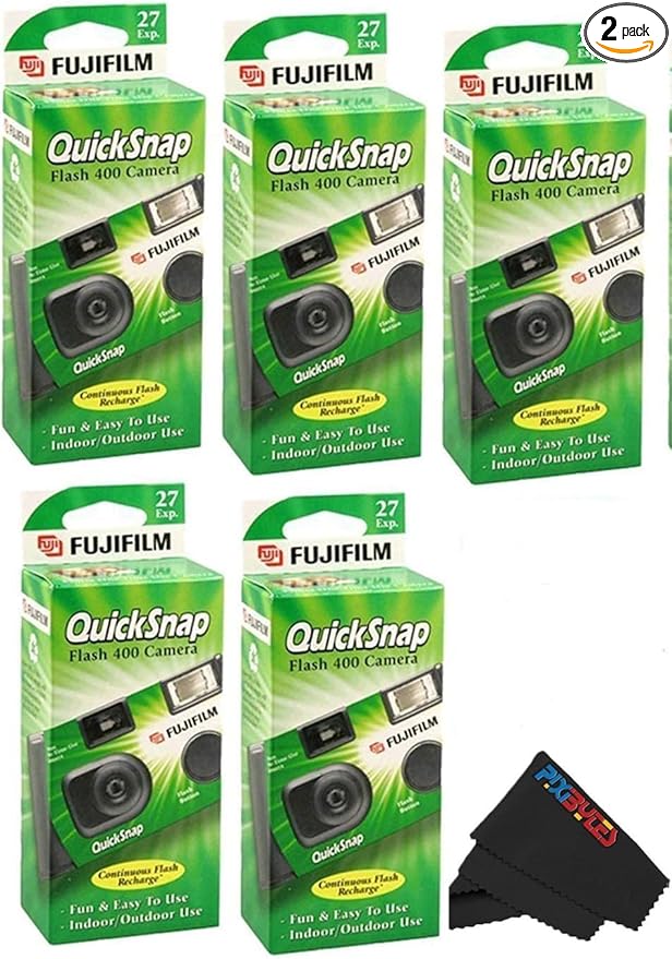 Fujifilm QuickSnap Flash 400 Disposable 35mm Camera with PixiBytes Microfiber Cleaning Cloth... (5 Packs (2 Twin /1 Single Pack))